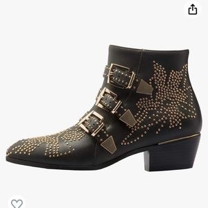 Comfity Black Leather Buckle Gold Stud Bootie